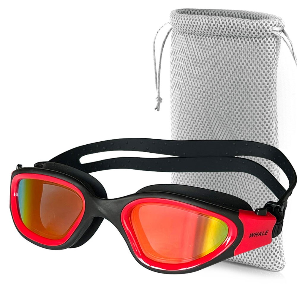 Voksen anti-tåge uv beskyttelseslinse mænd kvinder svømningsbriller vandtæt justerbare silikone svømmebriller i poolen: Rød med taske