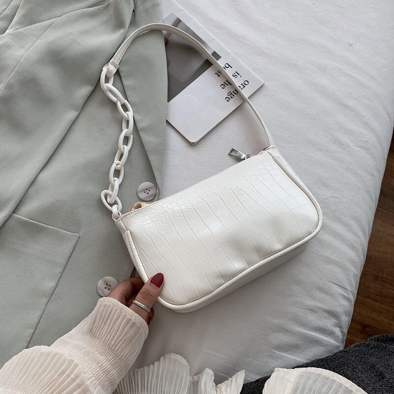 Bolso Baguette con de cocodrilo para mujer, cadena de Color caramelo , Bolso pequeño de hombro para mujer, moderno, bolso para axila de cuero: Blanco