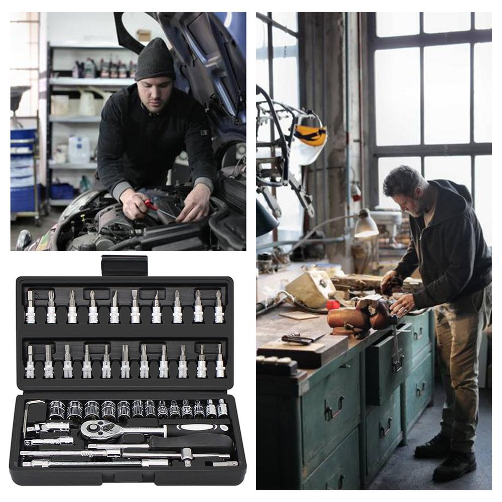 1/4 46 peça conjunto pequeno rápido catraca manga 6.3mm reparação automóvel manga conjunto de ferramentas de manutenção do automóvel ferragem preto