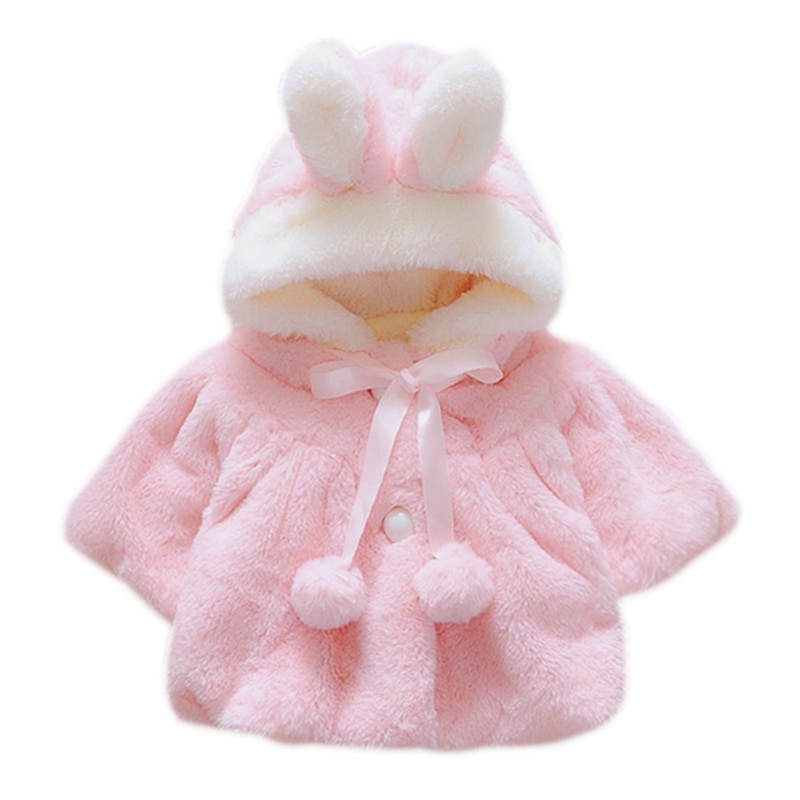 Manteau à capuche avec fourrure de lapin pour bébé fille, veste chaude et épaisse, rose et blanc, 0-4T: Rose / L-90