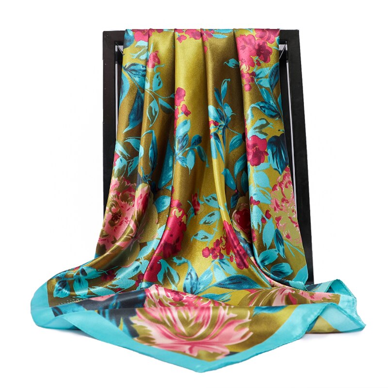 Silk Satin Neck Scarves For Women Square Shawls Floral Printed Kerchief Hijab Scarf Female 90*90cm Bag Scarfs For La: 03