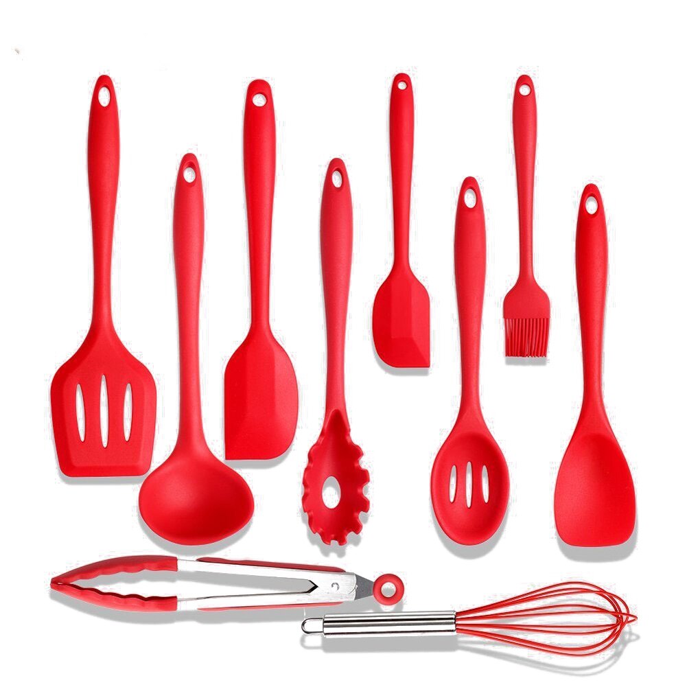 10Pcs Silicone Keukengereedschap Farberware Spoonula Spatel Lepels Turner Garde Koken Gereedschap Rood Zwart