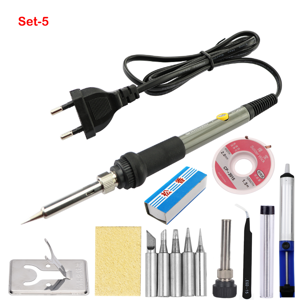 Kit de soldador eléctrico de temperatura ajustable, estación de retrabajo de 60W, Mini Mango, lápiz de calor, herramientas de reparación de soldadura, EU/US: 220V EU Plug / Set-5