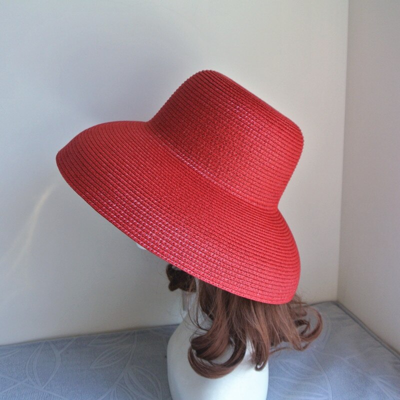 Sombrero parasol Vintage para señora, Color puro, estilo Hepburn, vacaciones 56-58CM, temperamento , de verano, sombrero de paja de: Red