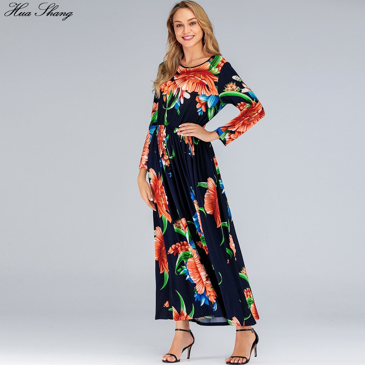 Plus size kjole 6xl kvinder sommer lange ærmer blomsterprint boho strandkjole lommer dame tunika maxi lange kjoler
