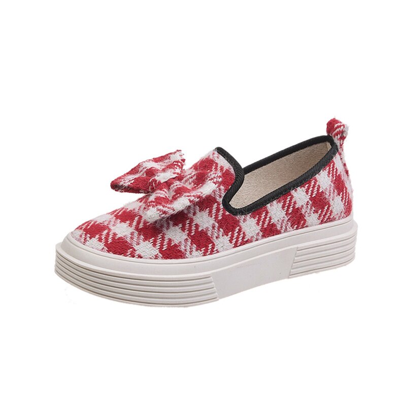 Bow-knot gingham slip on moccasins round toe creepers women shoes casual comfy brief cute loafers all match flats female