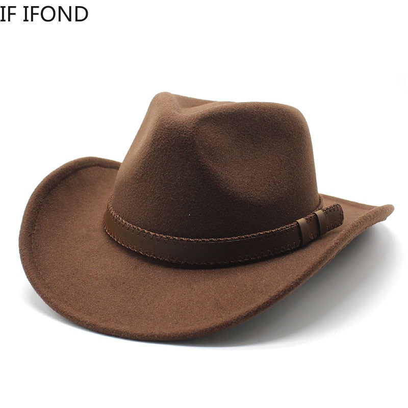 Women's Men's Winter Wool Western Cowboy Hat With Belt Cowgirl Jazz Toca Sombrero Cap Godfather Cap