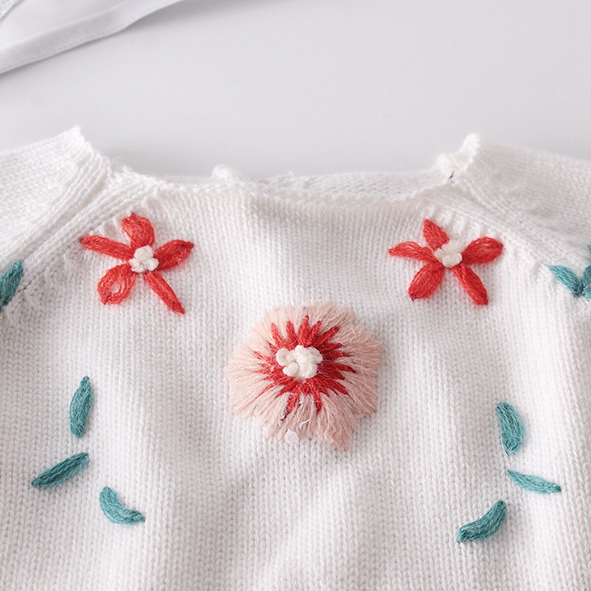 Baby Boys Girls Autumn Sweater Floral Embroidery Round Neck Long Sleeve Knit Jumpsuit Bodysuit for Baby