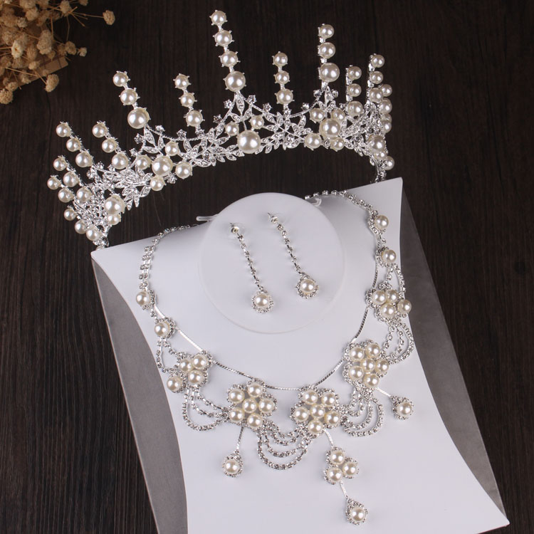 Handgemachte Kristall Perle Kostüm Schmuck Sets Strass Kronen Braut Frauen Hochzeit Schmuck Set Halskette Ohrringe Tiara