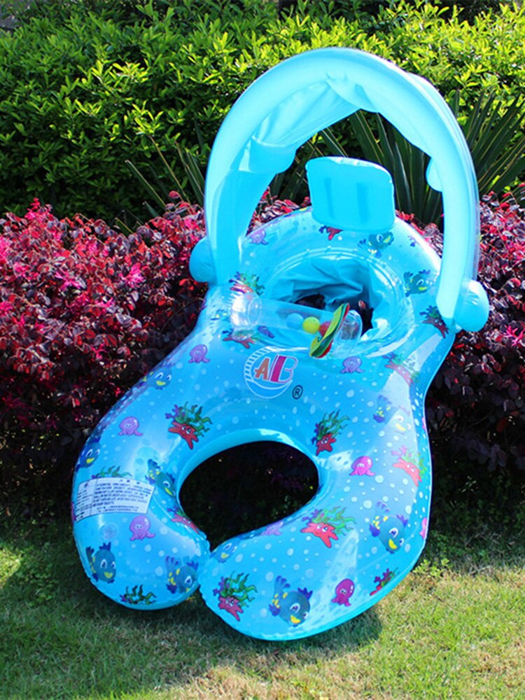 Moeder Baby Dubbele Zwemmen Float Ring Kids Baby Opblaasbare Zwemmen Cirkel Met Zonnescherm Float Seat Zonnescherm Ringen Zwembad Gereedschappen