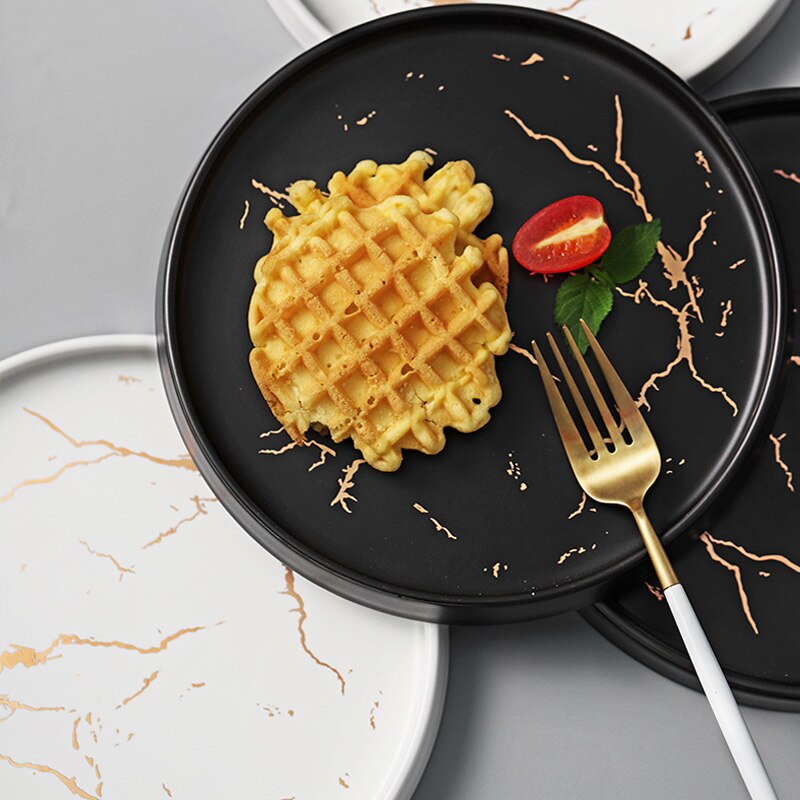 Abendessen Platte Gold Inlay Marmor Geschirr Einzigartige matt Schwarz und Weiß Geschirr einstellen hoch-Ende Platte Erzähler Geschirr