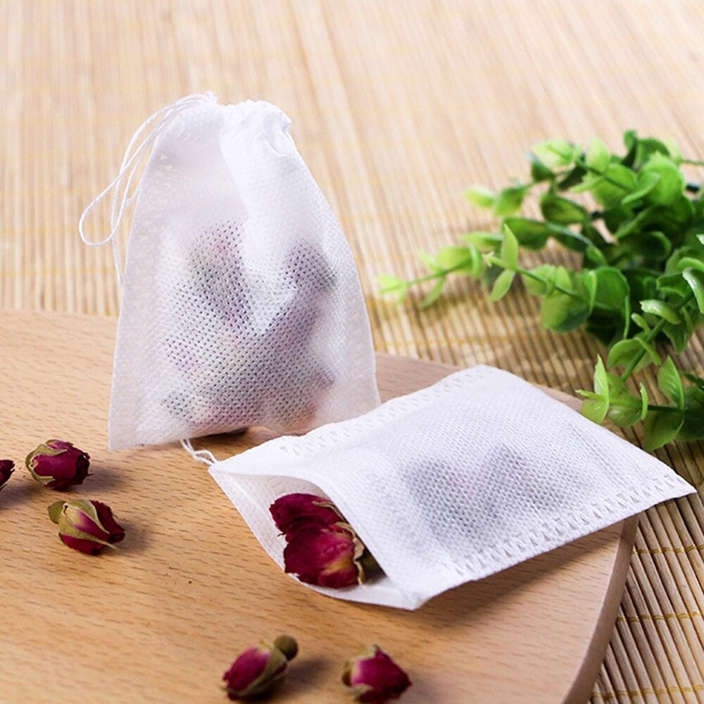 Sachet de thé en tissu Non tissé, 100 pièces, avec ficelle, thermoscellé, infuseur à thé, filtre à café et à épices, passoire, outil de brassage de bière en maille