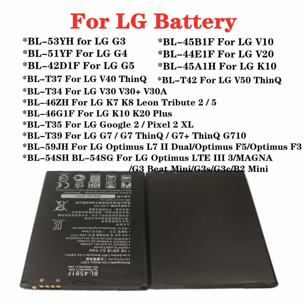 Battery For LG V10 V20 V30 V40 V50 G7 ThinQ G3 G4 G5 K7 K8 K10 K20 Plus Leon Tribute 2 5 Optimus LTE 3 L7 2 F3 F5 Google 2