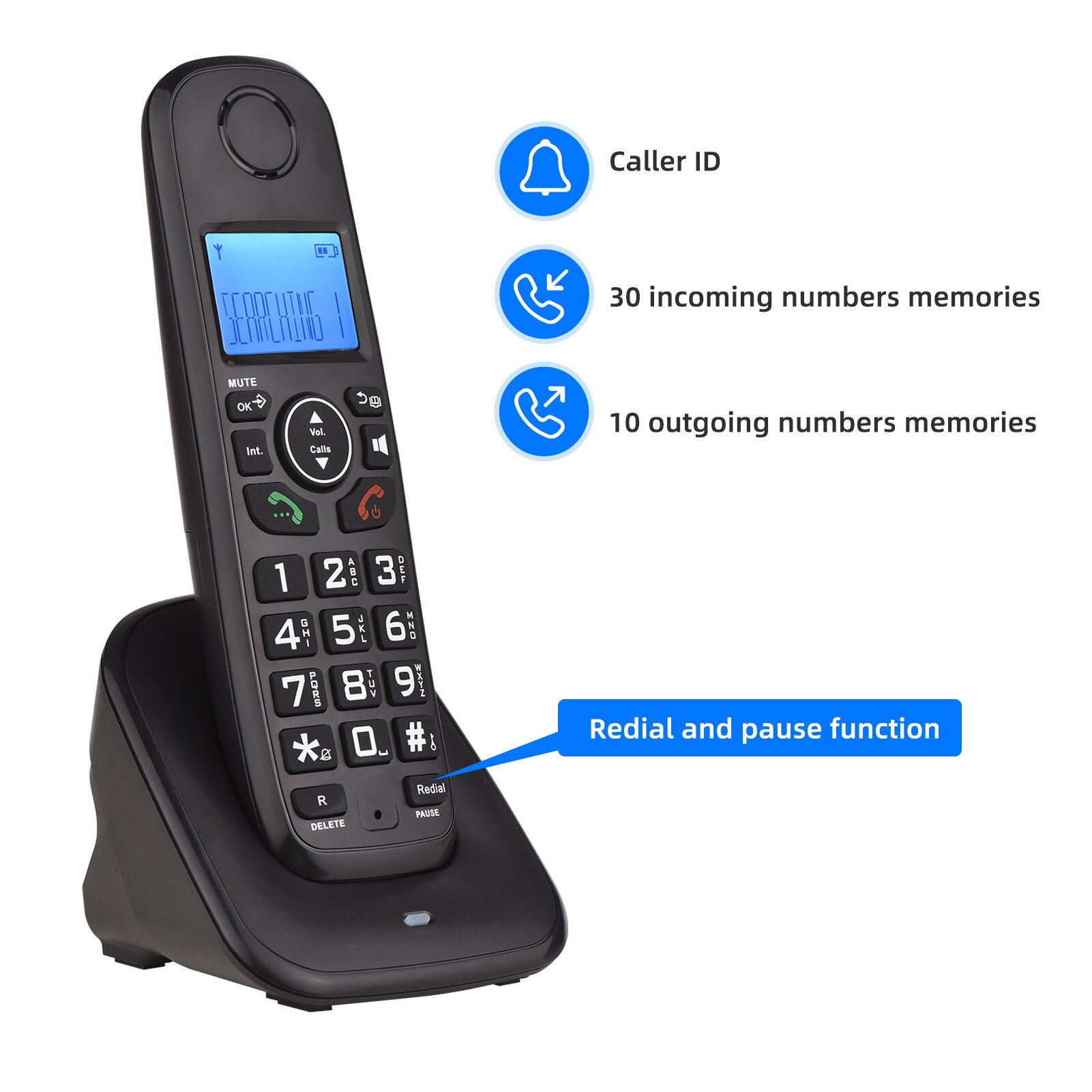 D1001 Expandable Cordless Phone System with 3 Lines LCD Display Caller ID Support 5 Handsets Connection 16 Languages for Office