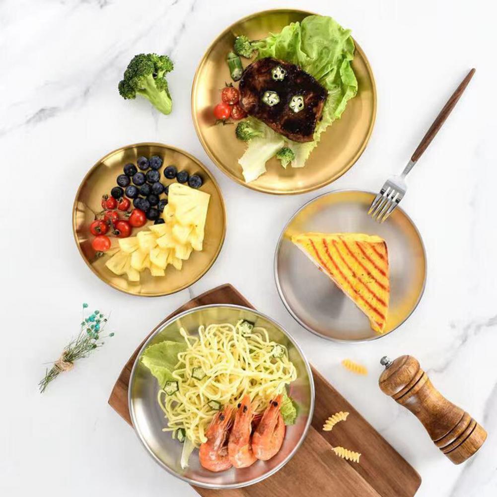 Buffet Plate Round Shape Fruit Plate 201 Stainless Steel Multifunctional Convenient Smooth Surface Western Food Tray