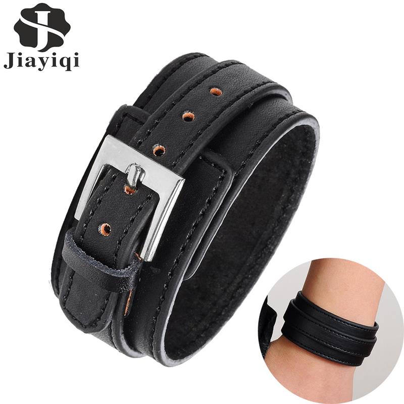 Jiayiqi Mode Mannen Lederen Armbanden Manchet Touw Bangle Dubbele Brede Zwart Bruin Kleur Vintage Punk Unisex Sieraden Polsband