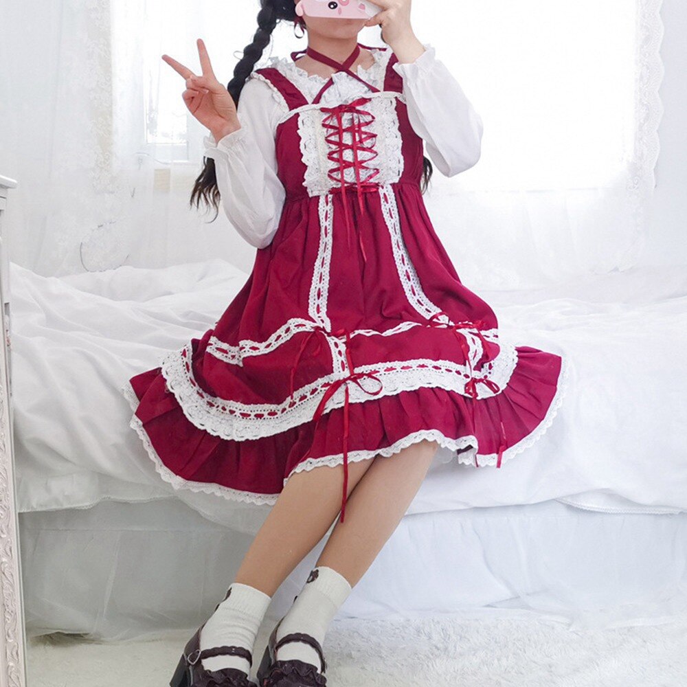 Lolita Princess Dress Sweet Ruffle JSK Dresses Lace UP Loli Straped Dress Kawaii Girl Women Vestidos With Headband AFC769