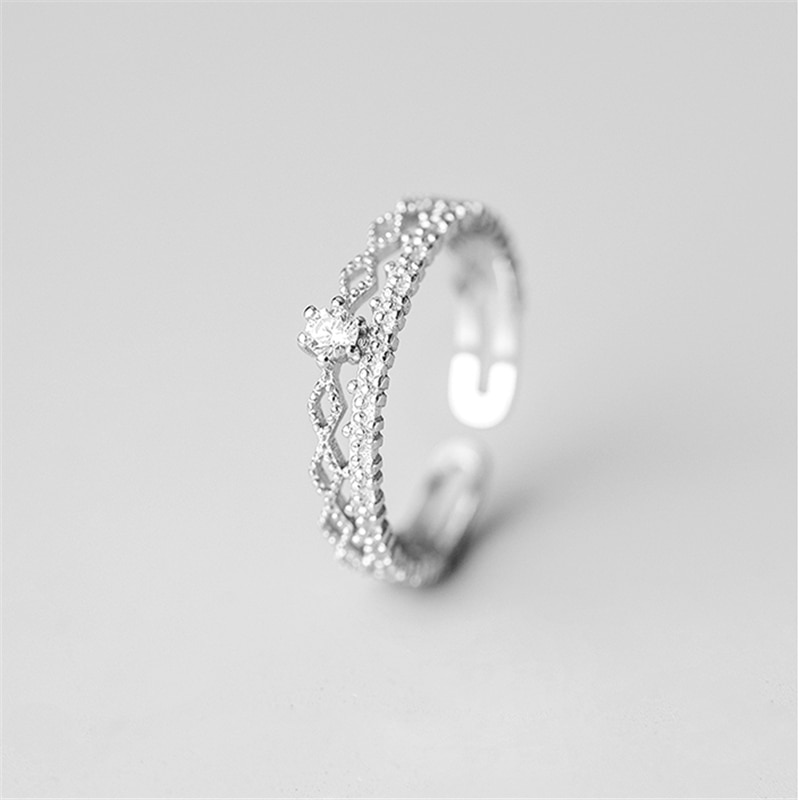 Zilver Kleur Dubbele Geometrie Bloem Patroon Ringen Sparkling Zirkoon Verstelbare Open Ringen Voor Vrouwen Meisje Mode-sieraden
