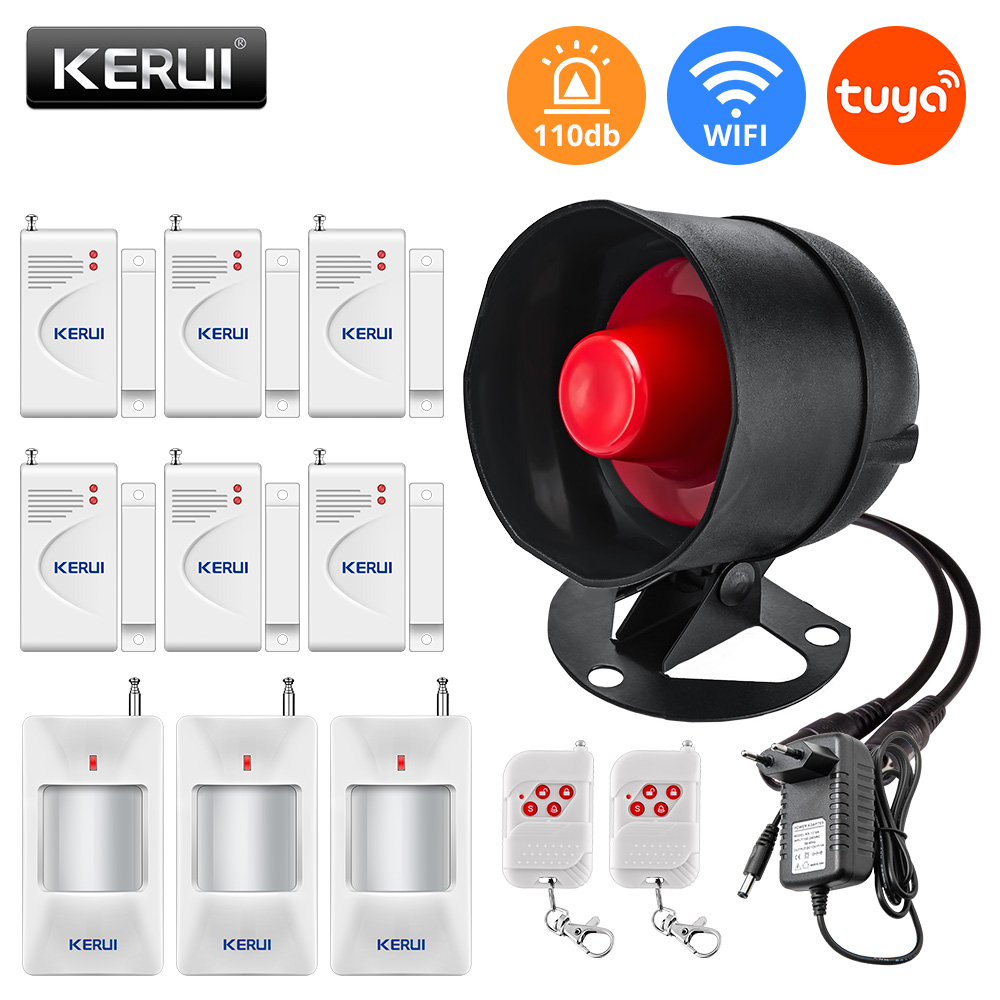 KERUI Tuya Smart WIFI Security Alarm System Kit 110dB Wireless Loud Indoor/Outdoor Siren Horn Home Burglar Motion Door Sensor: Ivory / Eu plug