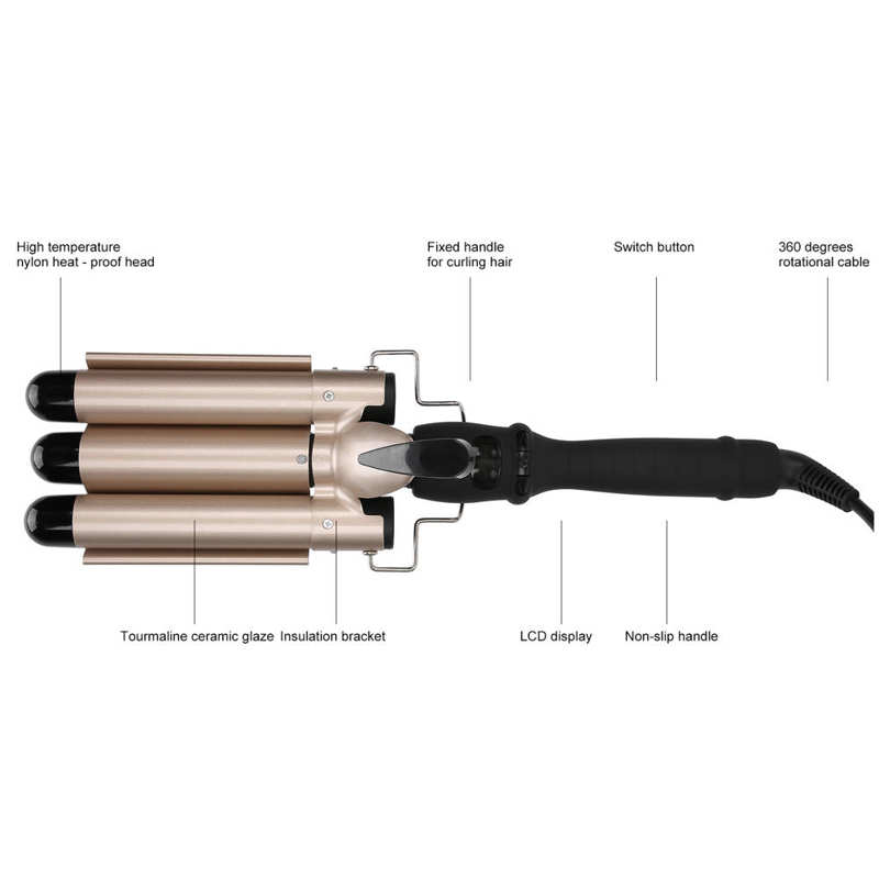 Nylon Heat-proof Head Fixed Handle Tourmaline Ceramic 3 Barrel Curling Iron Wand Hair Waver Curler Create "S" Wavy Style Tools