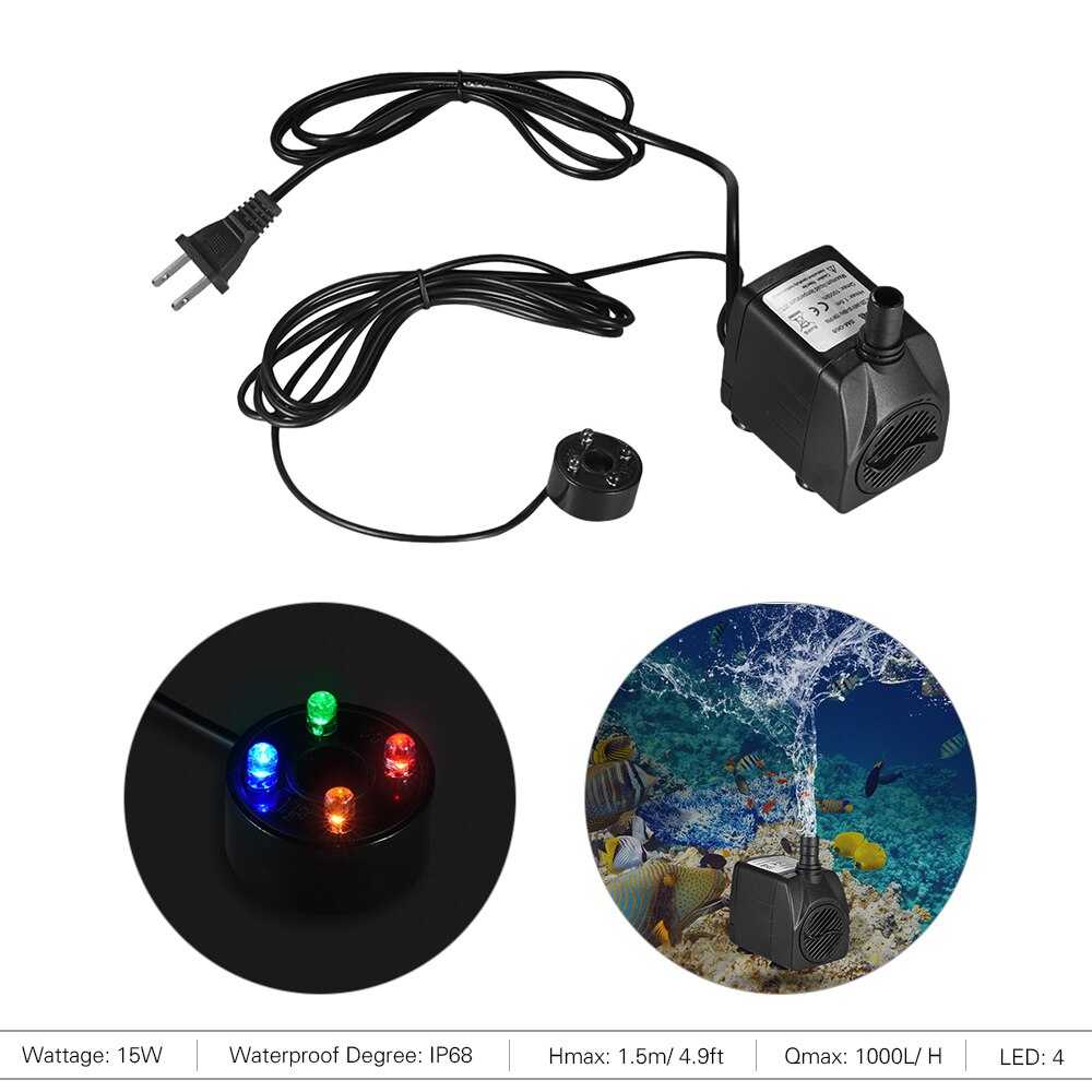 150-180L/H Fish Tank Aquarium Water Pump 2W/2.5W Submersible Water Pump with 4 LED Light Fountain Pump for Aquarium Pond EU/US: US Plug / 2.5W