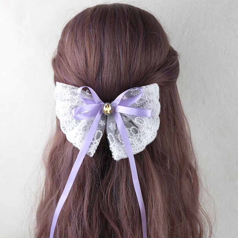 Japanse Lolita Meisje Lange Streamer Haarspeld Prinses Clip Handgemaakte Strik Kant Haar Accessoires Vrouwen Paardestaart Clip: Light Purple