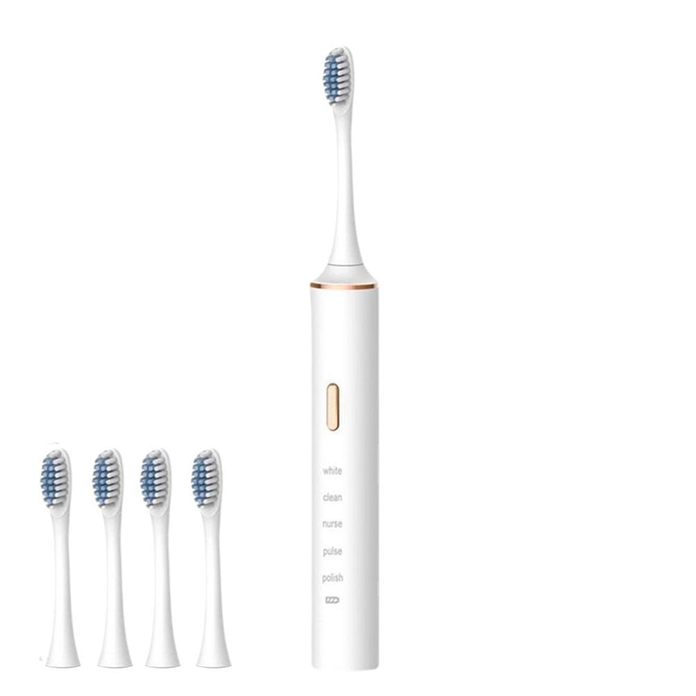 Electric Toothbrush Adult Timer Sonic Teeth Cleaning Brush 5 Mode USB Rechargeable Tooth Brushes With 4 Replacement Heads: white