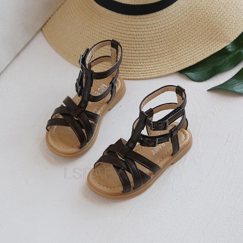 Kids Roman Sandals High-Top Girls Flat Beach Sandals Children Girls Princess Shoes Solid Color Summer Shoes: 01 / 23-insole 14.3cm