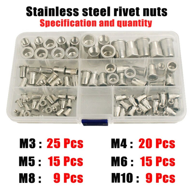 93Pcs Stainless Steel Rivet Nut Insert Nut Nut KIT M3 M4 M5 M6 M8 M10 Rivet Nut Vertical Grain Rivet Nut