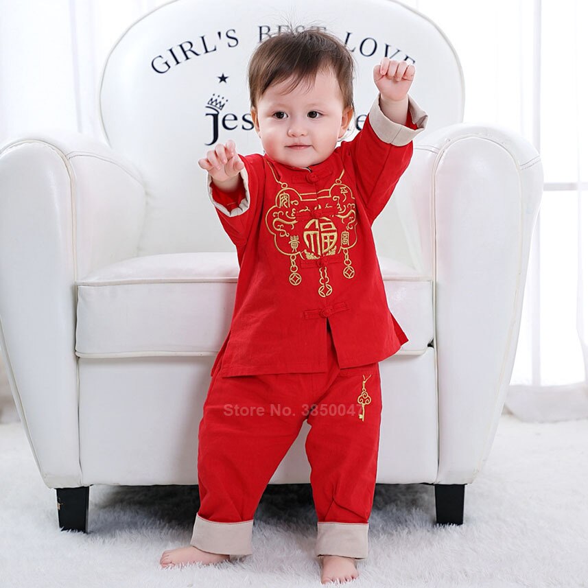 Nyfødt baby drenge tang jakkesæt traditionelle kinesiske kostumer år forår festival broderi velsignelse tøj sæt pige hanfu