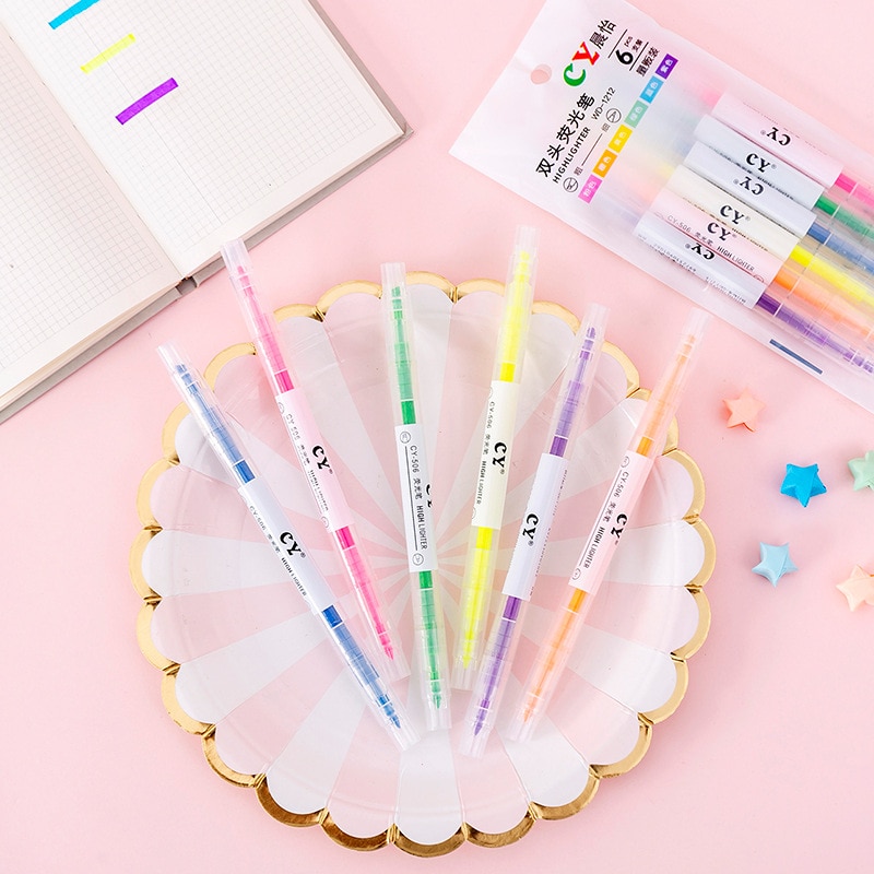 6 stk/parti slik farve dobbelt hoved highlighter sød tegnet tusch skrivepapir skoleartikler