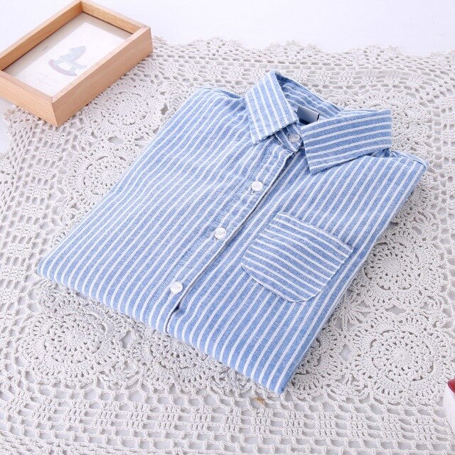 automne femmes hauts et chemisiers à manches longues rayé Blouse chemise femmes chemises décontractées femme collège Style: PU ciel / S