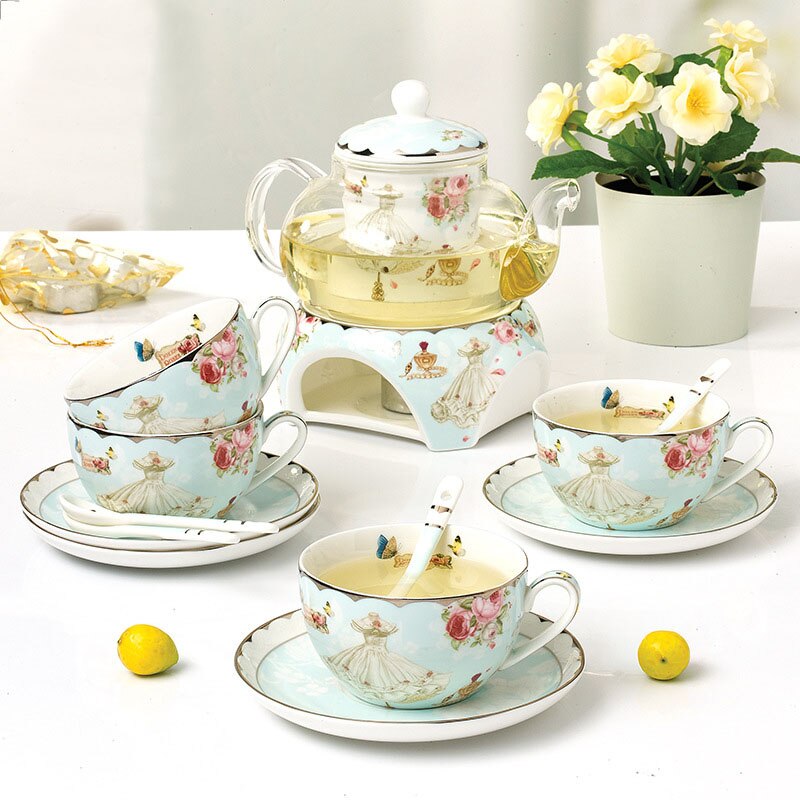 YeFine Ceramic 15 PCS Flower Tea Set British Afternoon Black Tea Set Heatable Glass Teapot Bone China Tea Cups And Saucers: A
