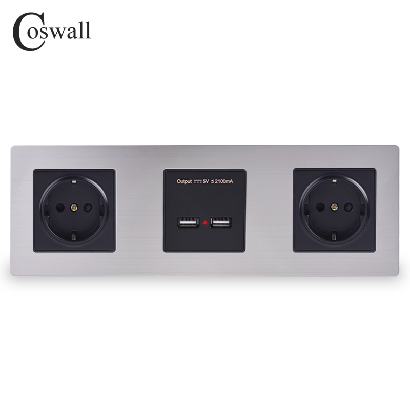 COSWALL Wall Stainless Steel Panel Double Socket 16A EU Electrical Outlet Dual USB Smart Charging Port 5V 2A Output Black Color