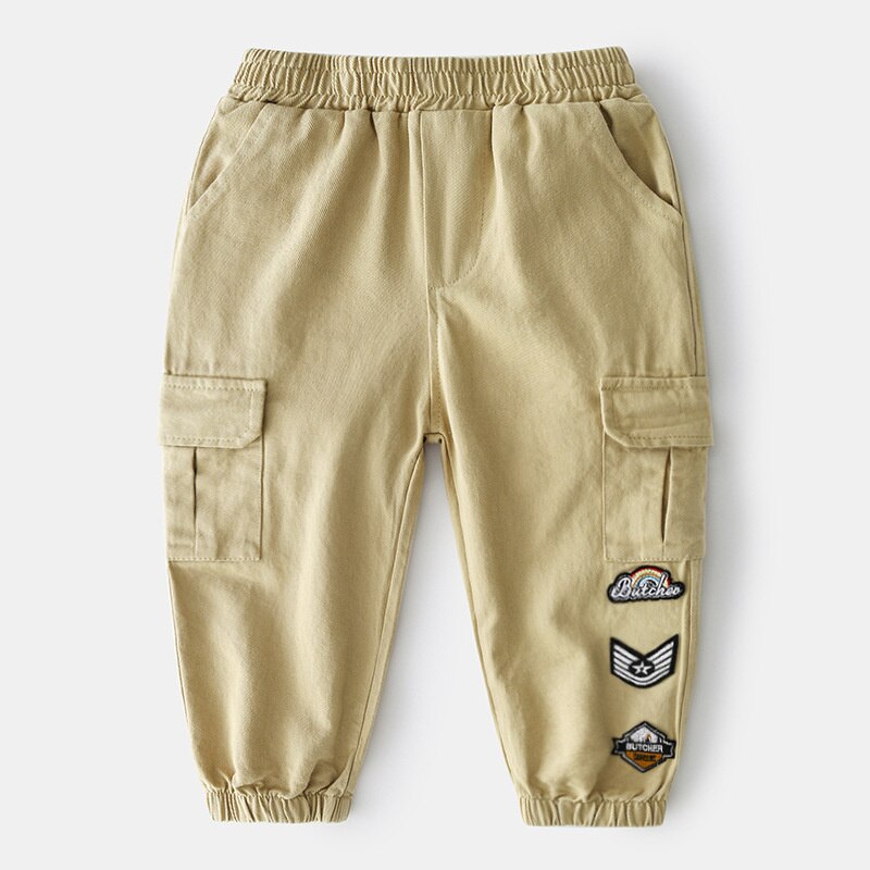 Mudkingdom-pantalones Cargo para niño, peto con bolsillos de dibujos animados, cintura elástica, pantalones sólidos para correr, ropa informal para niño, Primavera: Khaki / 3 años
