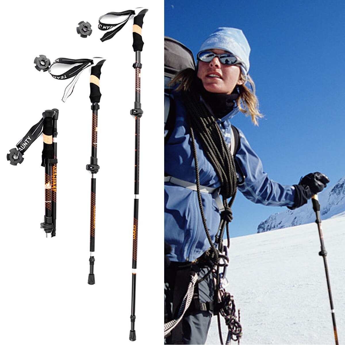 Alpenstock, Portable Adjustable Aluminium Alloy Walking Stick Trekking Pole for Mountaineering, Black