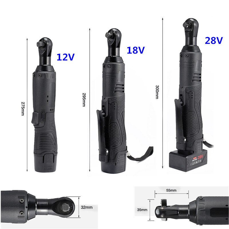 3/8'' 12V 18V 28V 2 Lithium-Ion Battery Electric Ratchet Wrench Rechargeable Electric Cordless Right Angle Wrench For Car