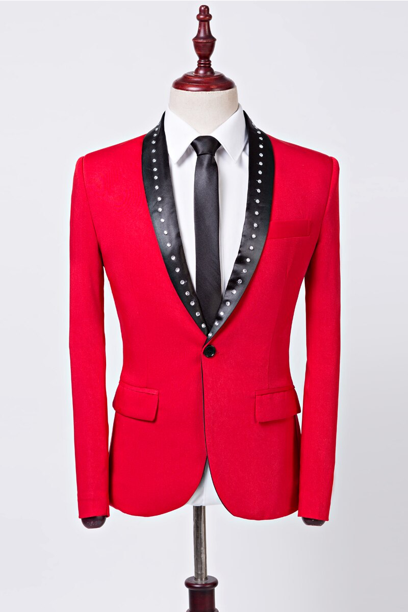 Pyjtrl Mannen Blazer Crystal Classic Shawl Revers Rood Slim Fit Pak Jas Bruiloft Bruidegom Zanger Kostuum Homme