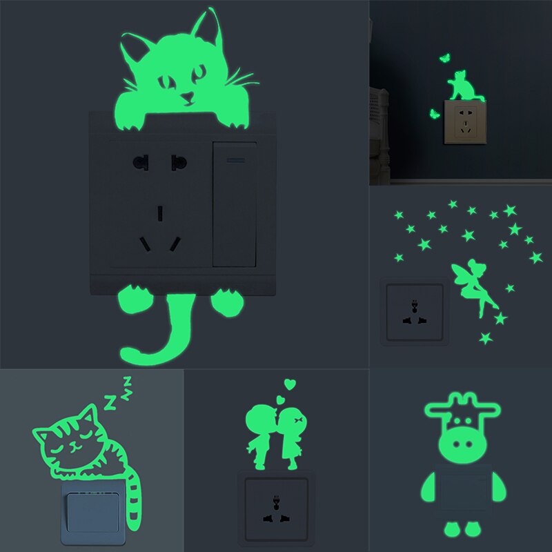 Luminous Wallpaper Cartoon Switch Wall Sticker Kid Room Decoration Glow In The Dark Cat Fluorescent Fairy Stars Wall Sticker
