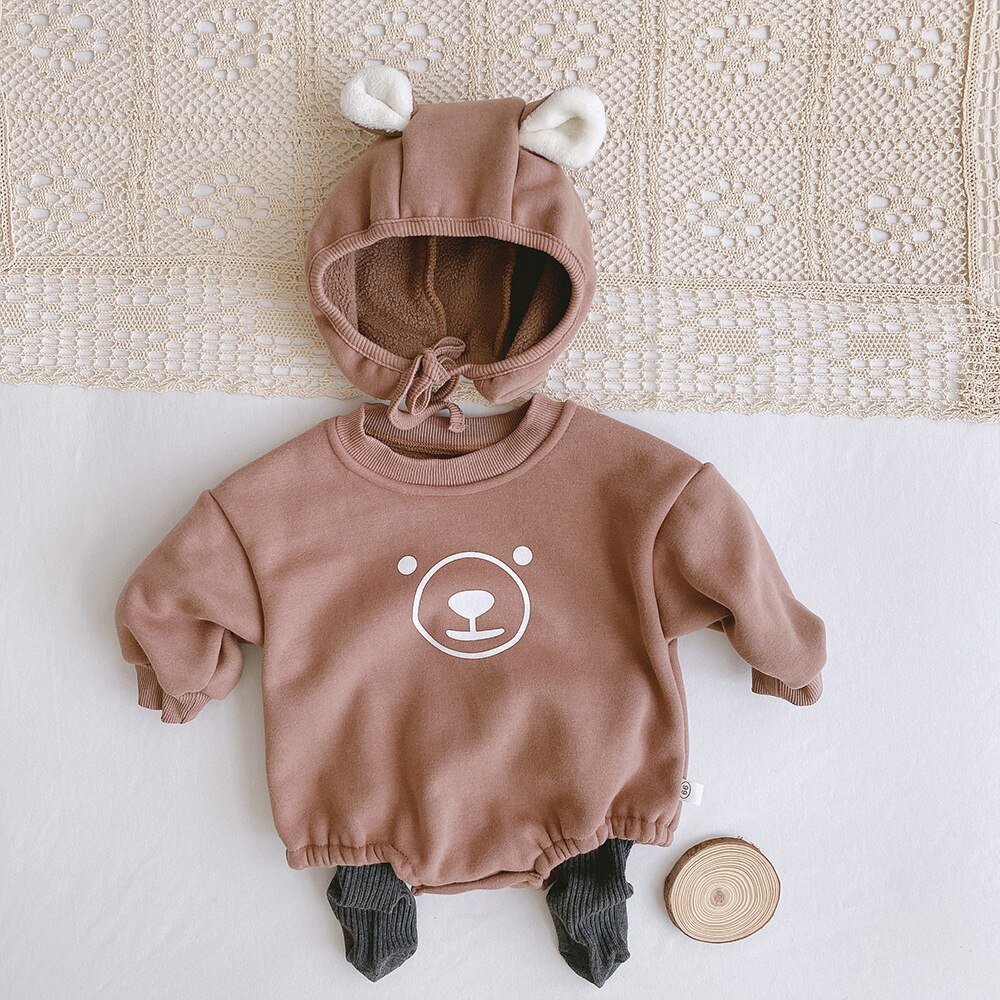 Baby Boys Girls Cute Cartoon Bear Print Long Sleeve Bodysuit With Hat Cotton Kids Infant Winter Plus Velvet Thicken Jumpsuits: EL083brown / 9M