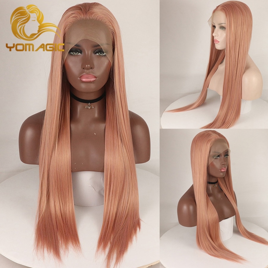 Yomagic Rose Pink Synthetic Hair Wigs with Natural Hairline Natural Looking Silk Straight Affordable Glueless Lace Wigs