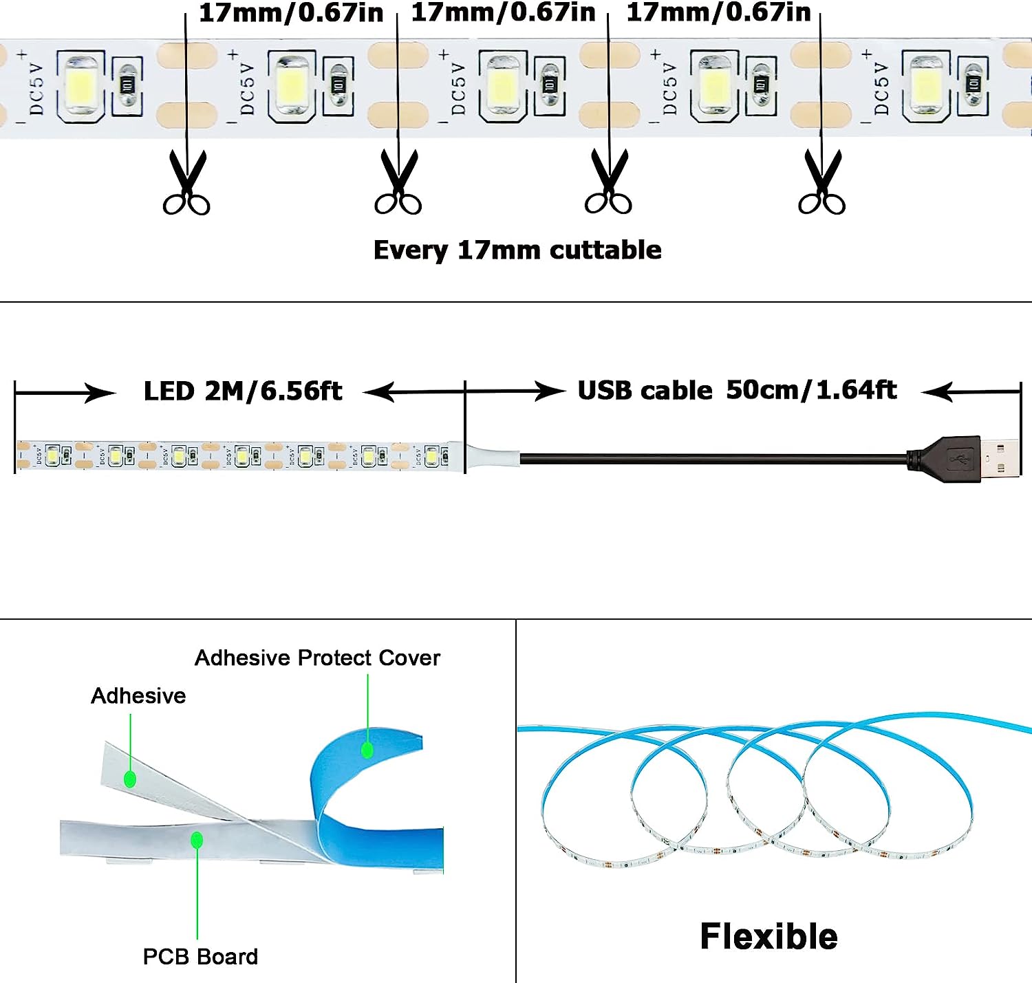 Tiras LED USB de 5V CC 2835, tira de luces LED blancas cálidas, cinta de iluminación de fondo de TV, lámpara de decoración para el hogar, cadena de luces LED de 1 a 5m