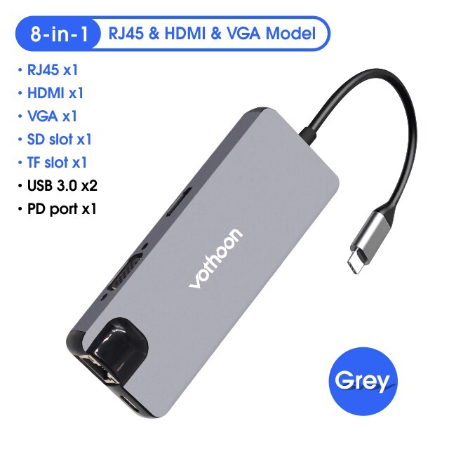 Vothoon USB Typ C HUB zu USB 3.0 HDMI USB HUB für MacBook Pro Air Card Reader VGA RJ45 Ethernet USB splitter 8 Port Typ C HUB: 8-in-1 Model