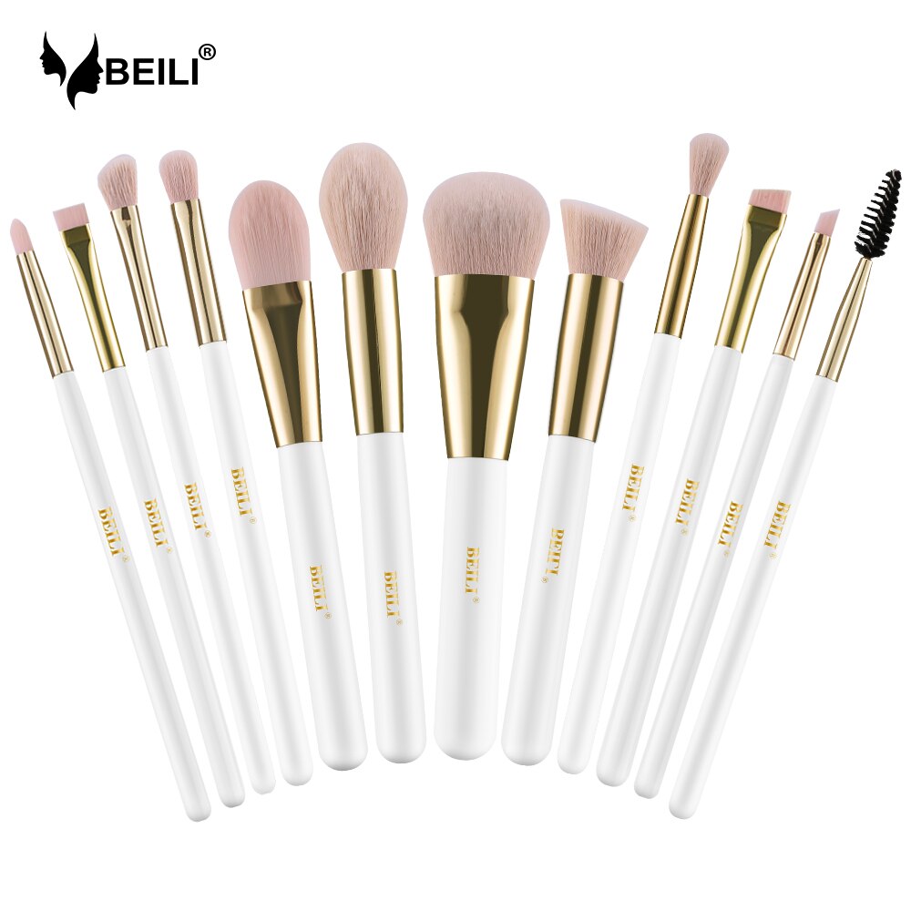 Beili Parel Wit Goud Professionele Synthetische Make-Up Kwasten Set Foundation Concealer Wenkbrauw Vegan Make Up Borstels: W12