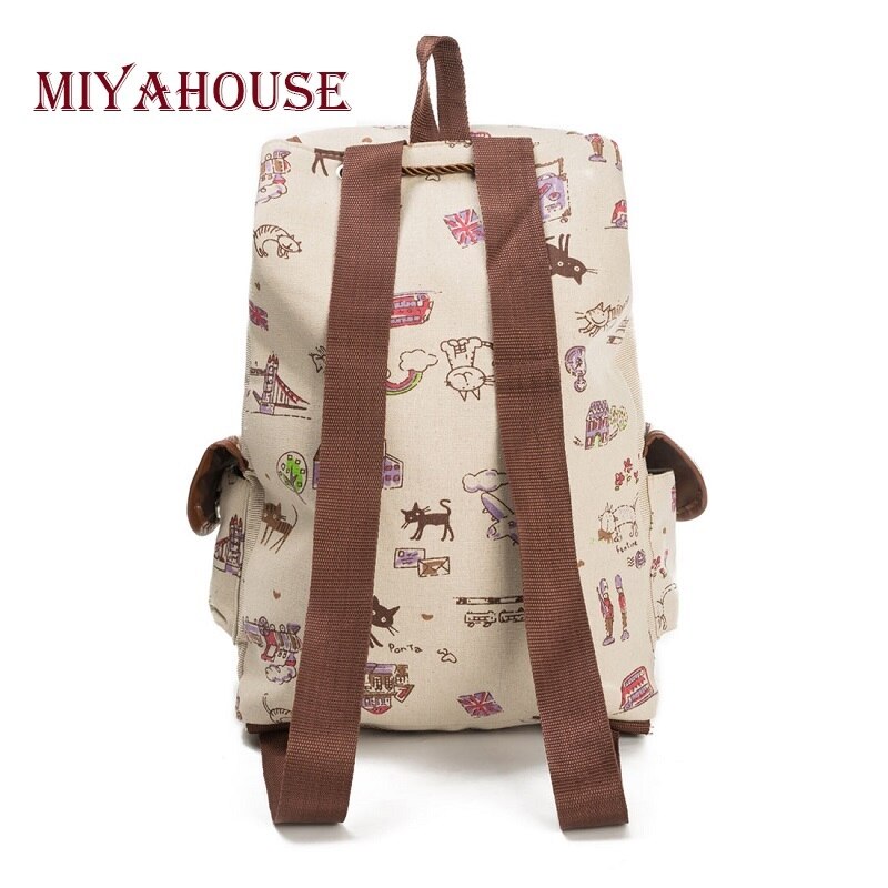 Miyahouse Women Canvas Backpack Cats Printed Backpack For Teenage Girls Female Drawstring Backpacks Girls School Bags