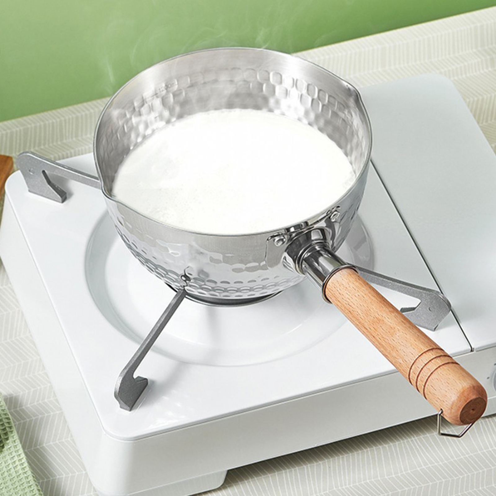 Stainless Steel Cooking Pot with Lid Porridge Diversion Ports Wood Handle Easy Clean Kitchen Accessories Cooking Tools