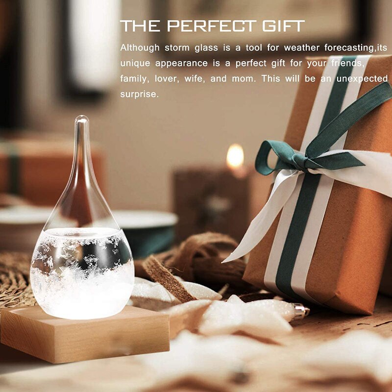 Tempest Glass Predictor Weather Forecast Decorative Barometer Drops-Shaped Small Bottle with Wooden Base FP8