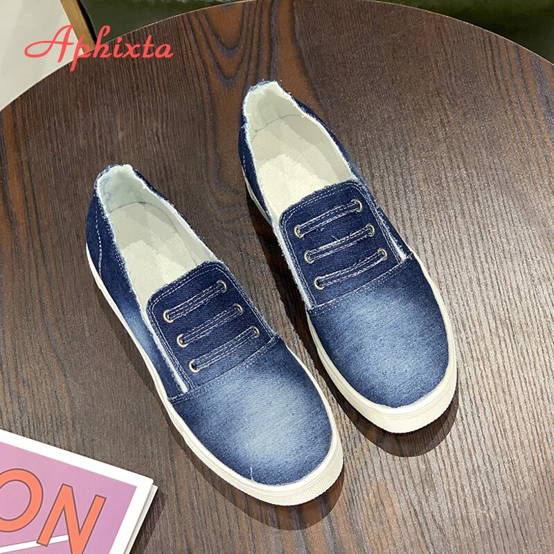 Aphixta plus stor storlek 43 denim tyg plattor skor kvinnor sneakers platt klack skor kvinna jean tyg platåklackar sko