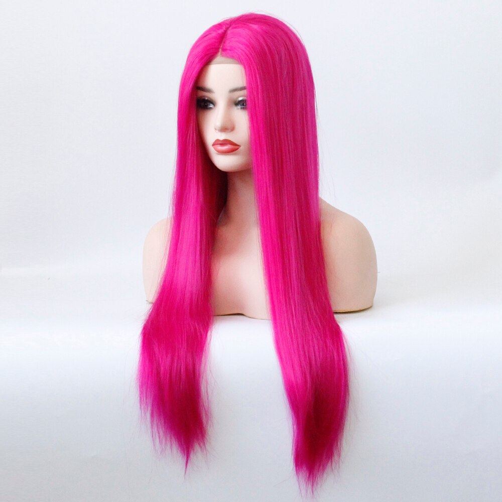 Parte media peluca atada a mano Color rosa rojo liso resistente al calor Cosplay del pelo Drag Queen sin pegamento pelucas sintéticas de encaje frontal