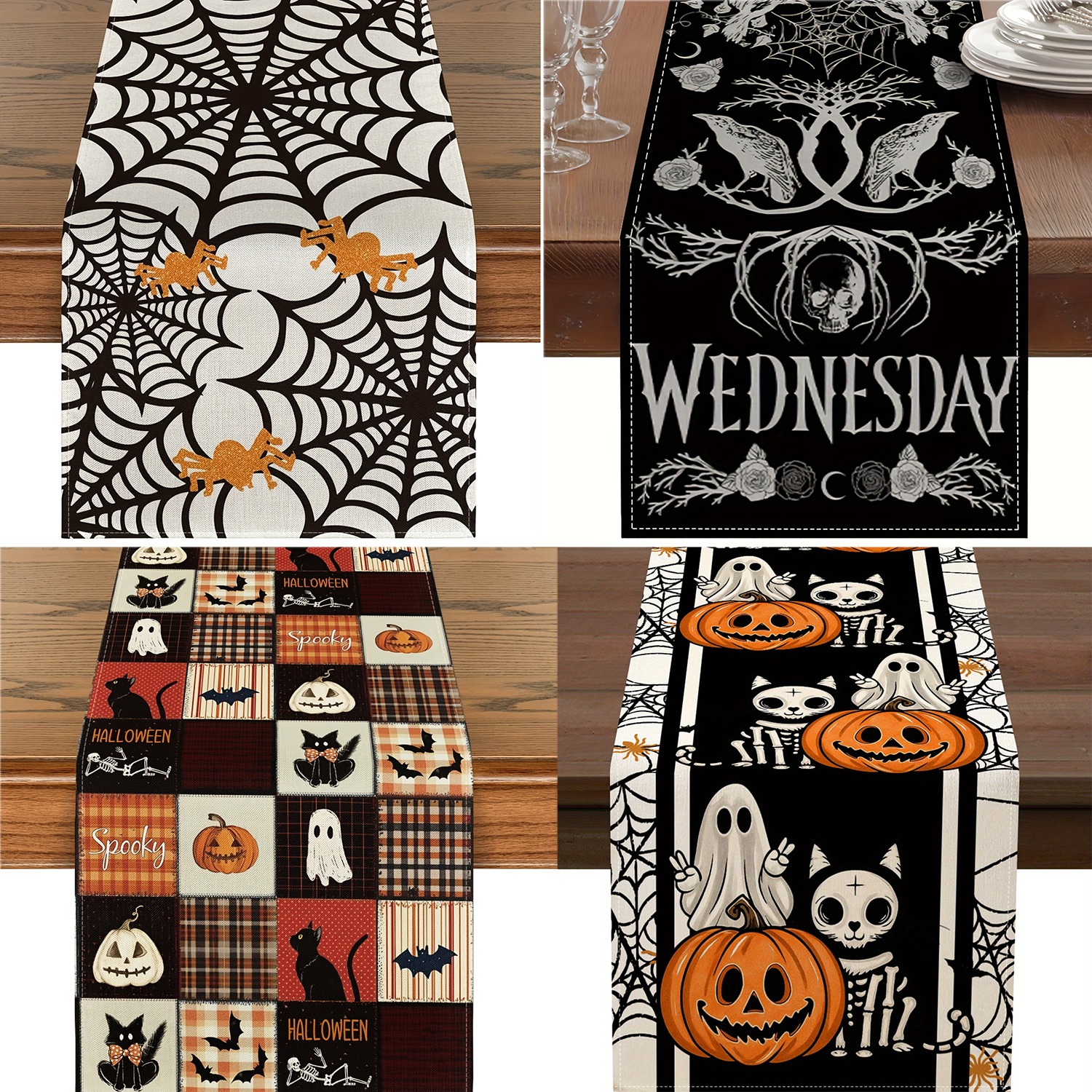 1pc halloween bordlöpare läskig pumpa katt spindelnät i orange svartvitt polyestertyg för köksmatbord